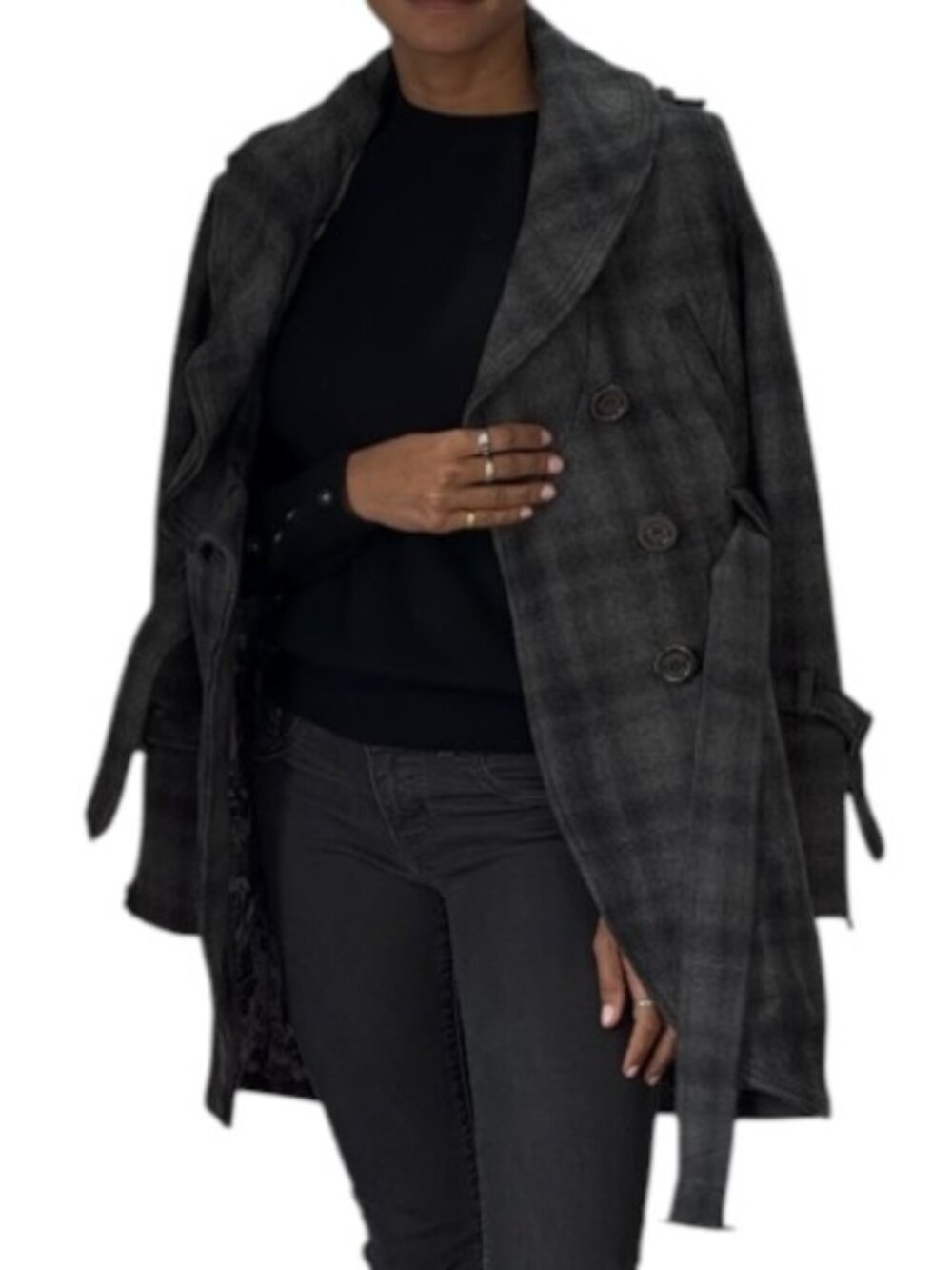 GUESS Wool Blend Belted Coat Grey Plaid Wide Collar Wrap Front Trench Details Si - Picture 3 of 6